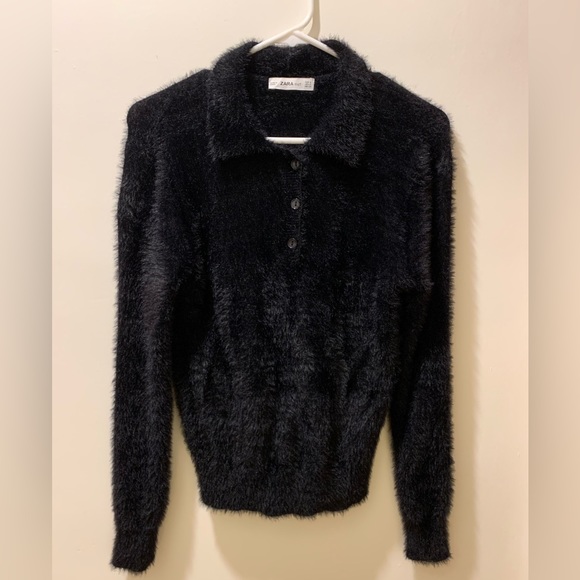 Zara black furry polo sweater with collar - Picture 2 of 3
